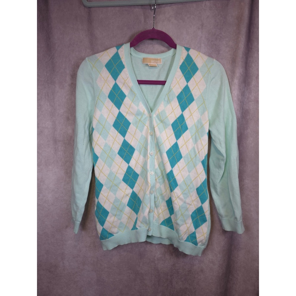 Michael‎ Kors Womens Cardigan Sweater Aqua Blue Argyle V Neck Button Up Size LG